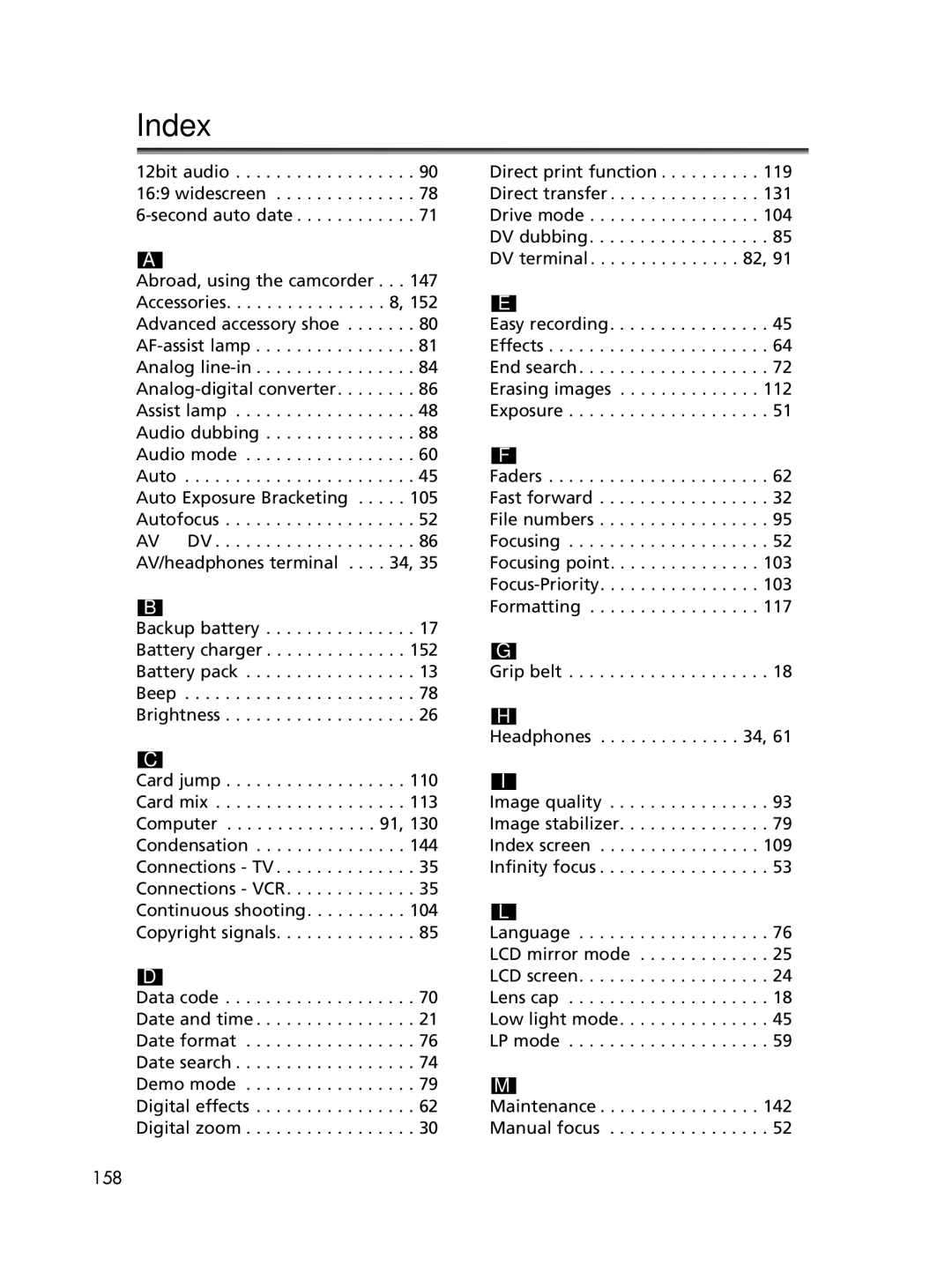 Canon ELURA70, ELURA65, ELURA60 instruction manual Index 