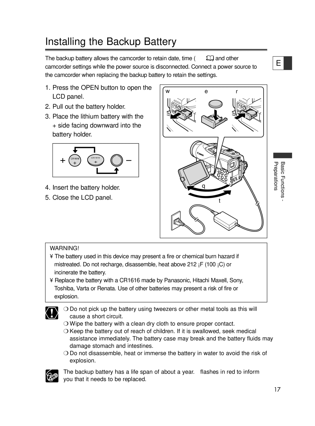 Canon ELURA70, ELURA65, ELURA60 instruction manual Installing the Backup Battery 