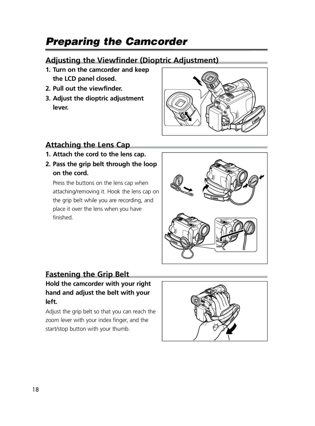 Canon ELURA65, ELURA60 Preparing the Camcorder, Adjusting the Viewfinder Dioptric Adjustment, Attaching the Lens Cap 