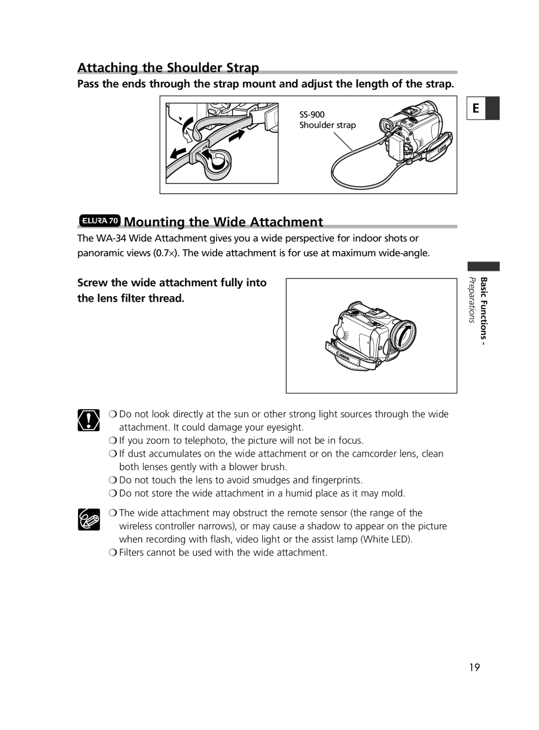 Canon ELURA60, ELURA65, ELURA70 instruction manual Attaching the Shoulder Strap, Mounting the Wide Attachment 