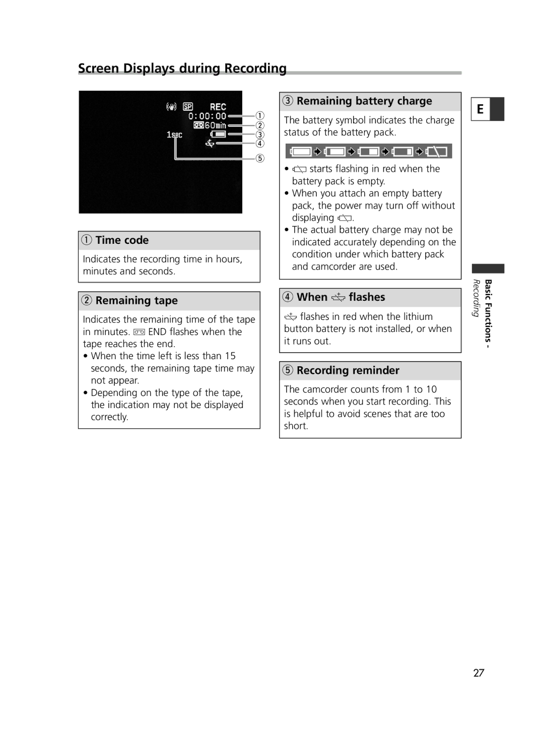 Canon ELURA65, ELURA60, ELURA70 instruction manual Screen Displays during Recording 