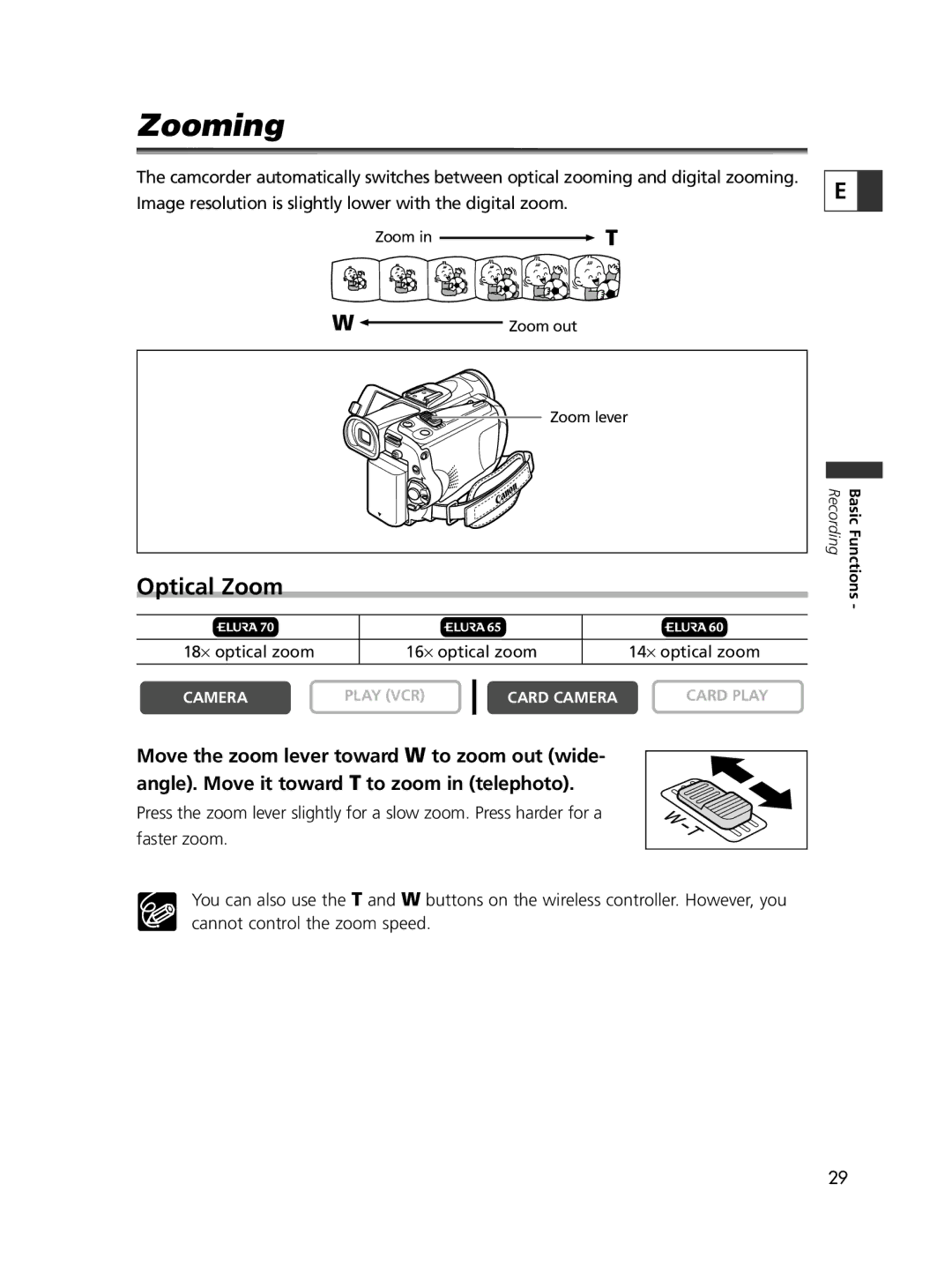 Canon ELURA70, ELURA65, ELURA60 instruction manual Zooming, Optical Zoom 