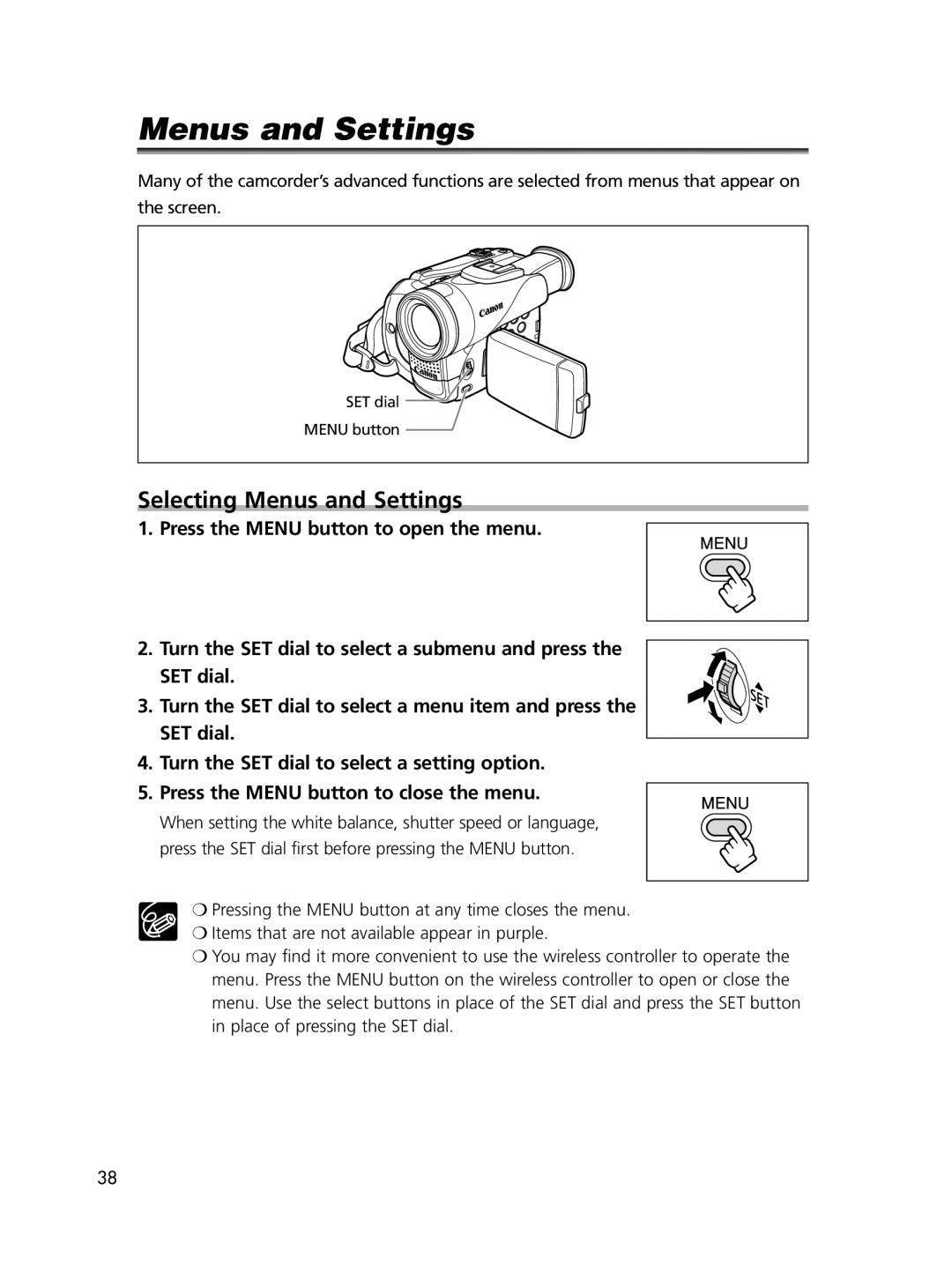 Canon ELURA70, ELURA65, ELURA60 instruction manual Selecting Menus and Settings 