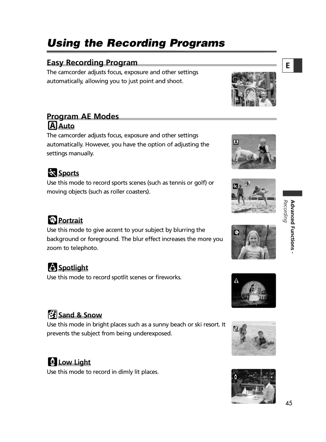 Canon ELURA65, ELURA60, ELURA70 instruction manual Using the Recording Programs, Easy Recording Program, Program AE Modes 