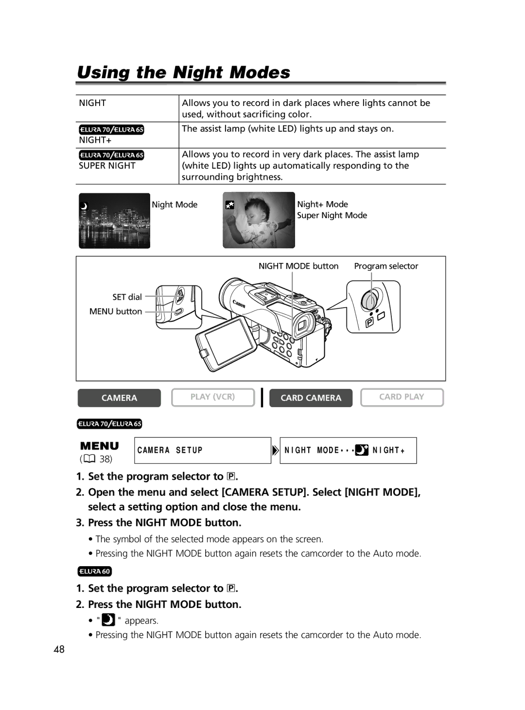 Canon ELURA65, ELURA60, ELURA70 Using the Night Modes, Set the program selector to Q Press the Night Mode button 