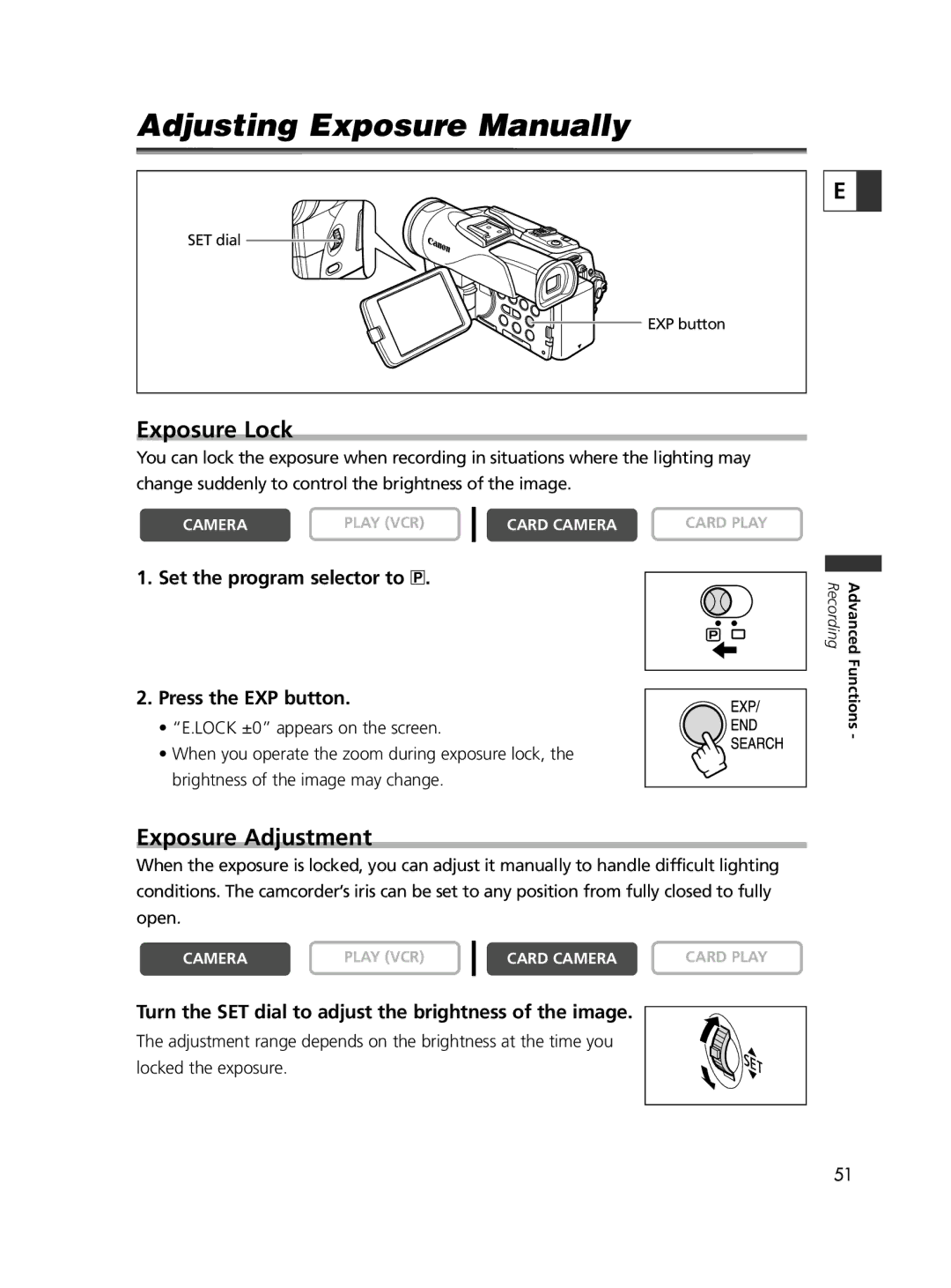 Canon ELURA65, ELURA60, ELURA70 instruction manual Adjusting Exposure Manually, Exposure Lock, Exposure Adjustment 