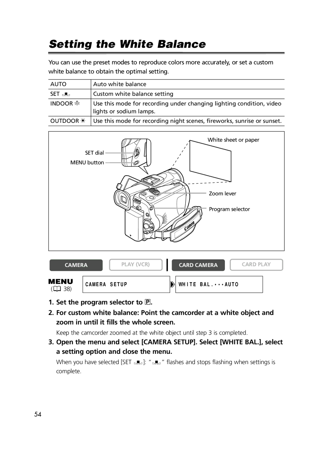 Canon ELURA65, ELURA60, ELURA70 instruction manual Setting the White Balance, Indoor T 