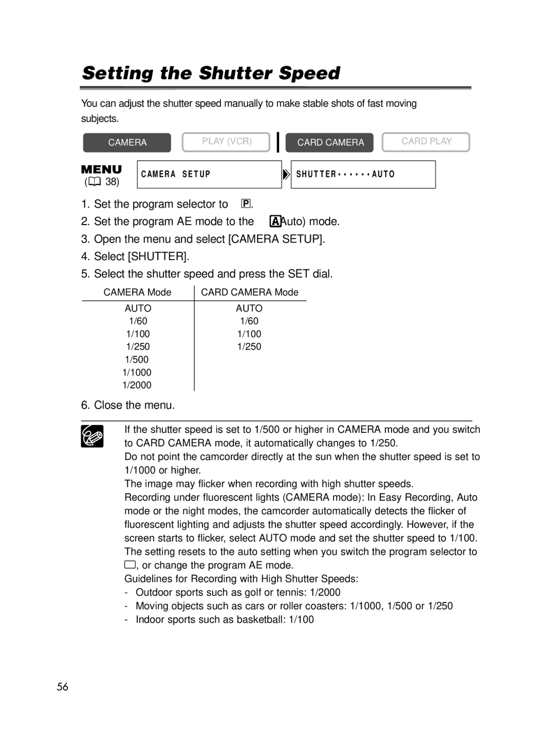 Canon ELURA70, ELURA65, ELURA60 instruction manual Setting the Shutter Speed, Close the menu 