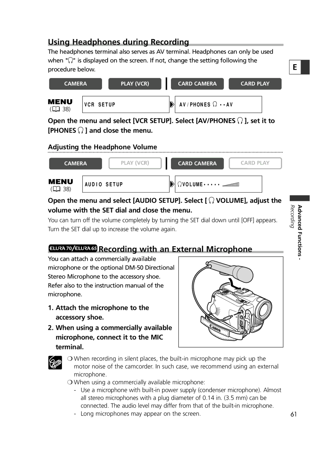 Canon ELURA60, ELURA65, ELURA70 instruction manual Using Headphones during Recording, Recording with an External Microphone 