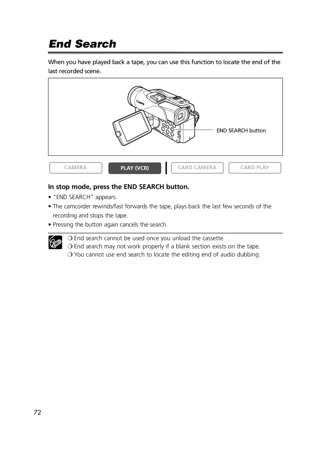 Canon ELURA65, ELURA60, ELURA70 instruction manual End Search, Stop mode, press the END Search button 