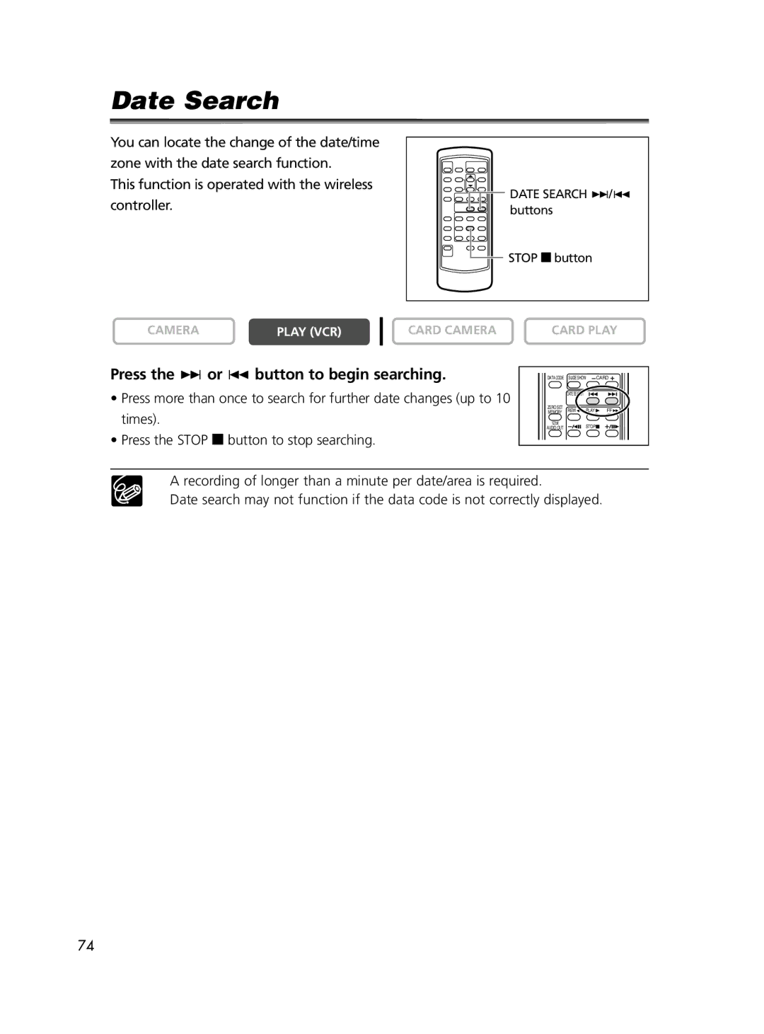 Canon ELURA70, ELURA65, ELURA60 instruction manual Date Search, Press the + or button to begin searching 