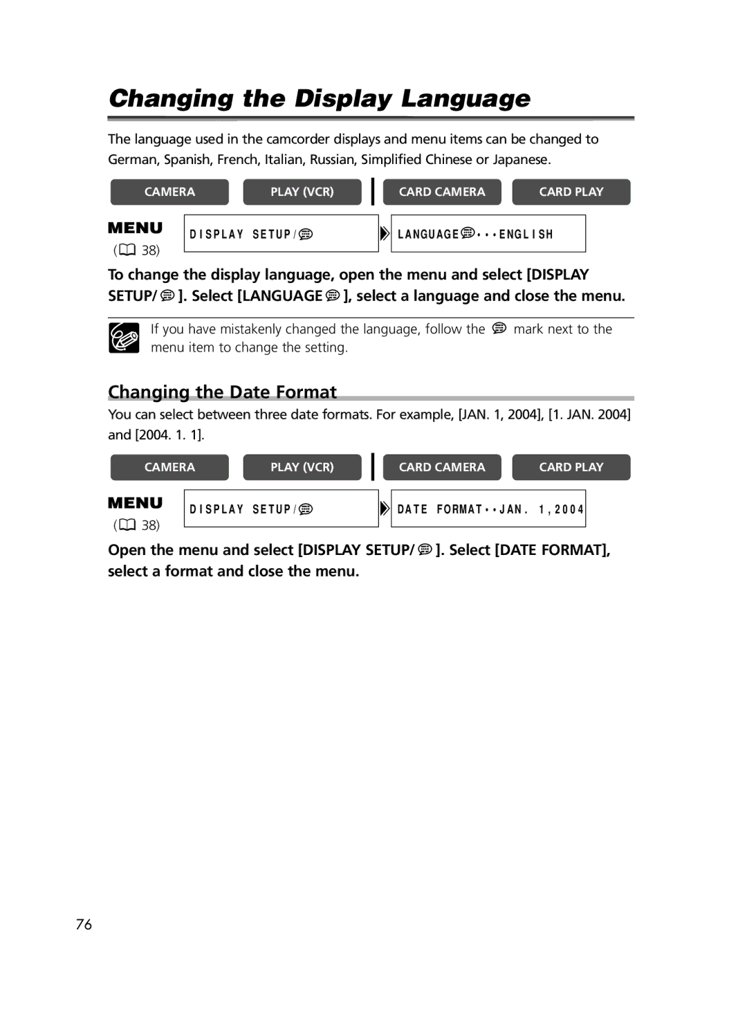 Canon ELURA60, ELURA65, ELURA70 instruction manual Changing the Display Language, Changing the Date Format 