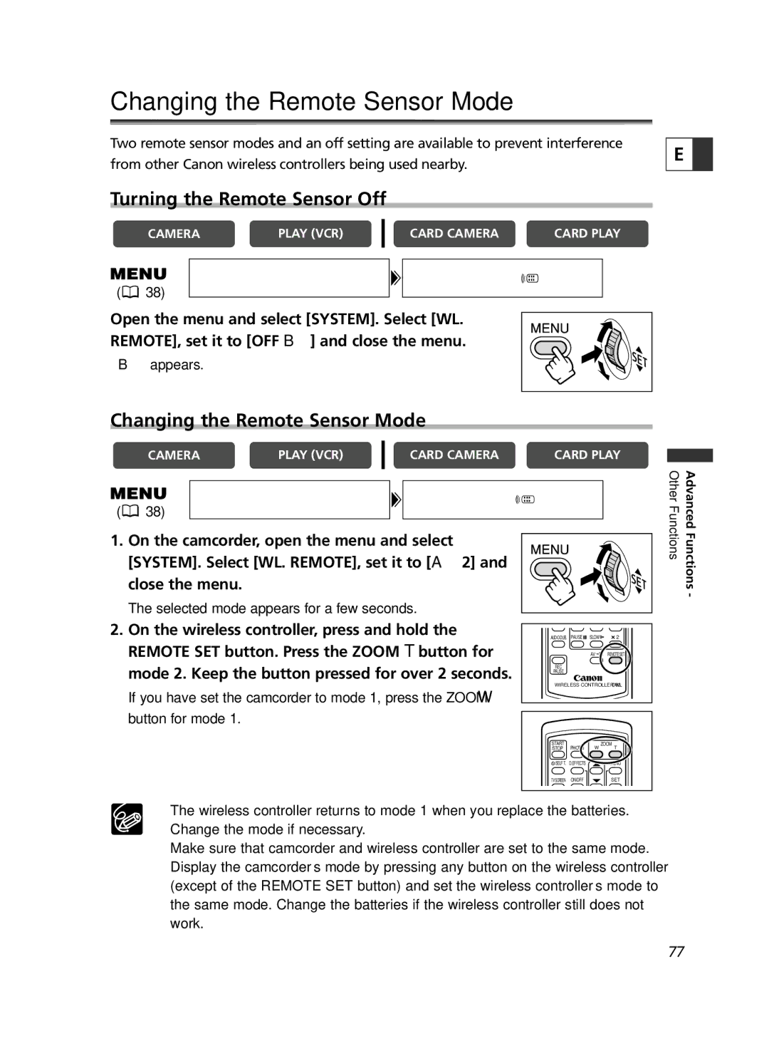 Canon ELURA70, ELURA65, ELURA60 instruction manual Changing the Remote Sensor Mode, Turning the Remote Sensor Off 