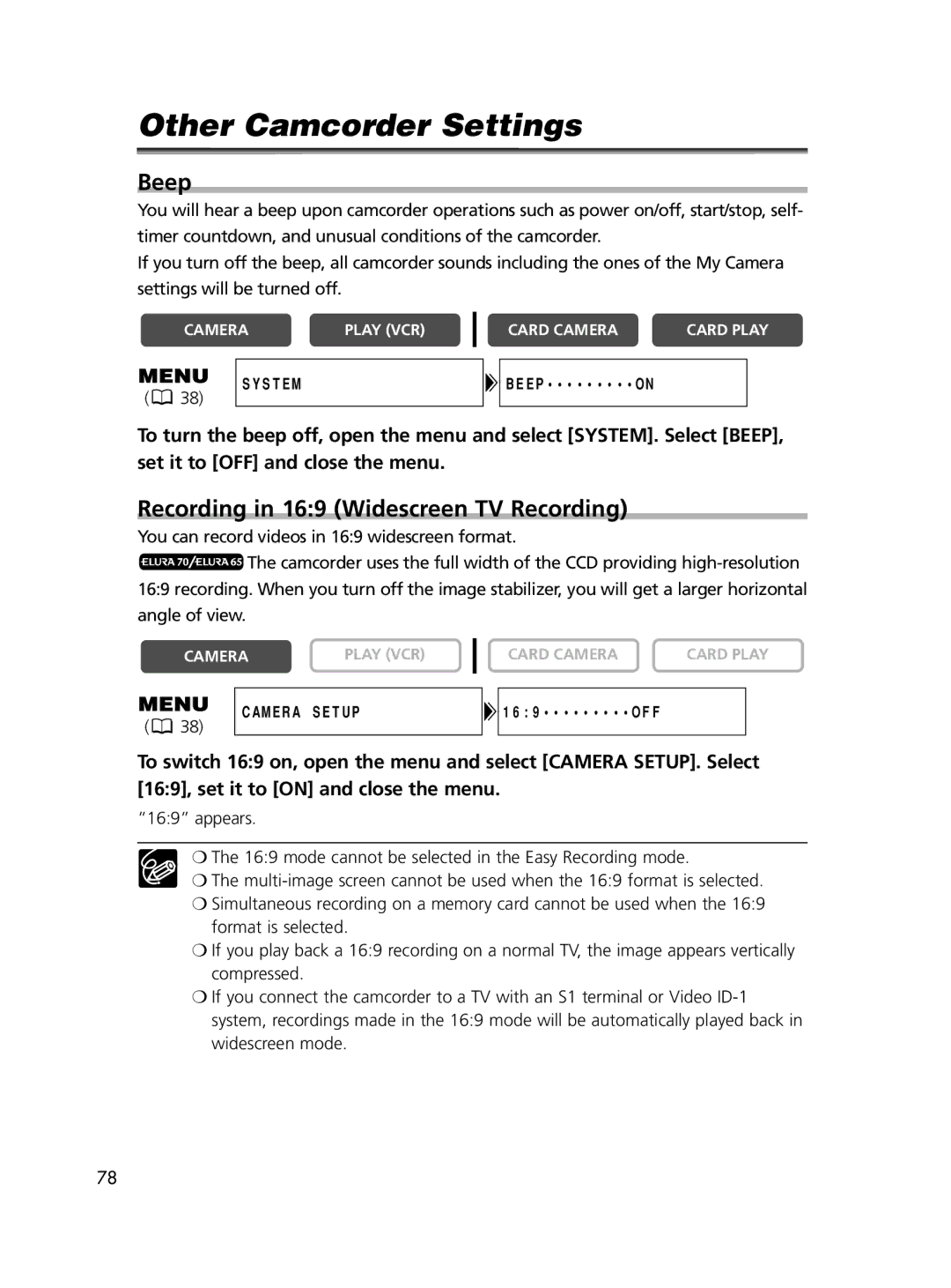 Canon ELURA65, ELURA60, ELURA70 instruction manual Other Camcorder Settings, Beep, Recording in 169 Widescreen TV Recording 