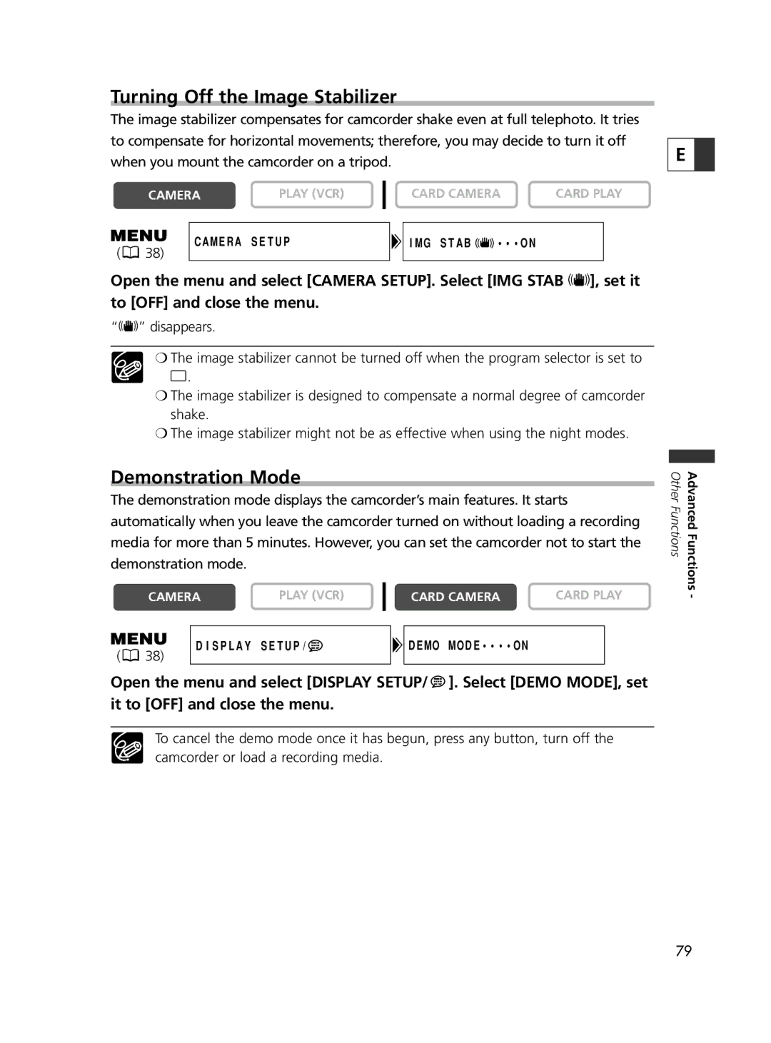 Canon ELURA60, ELURA65, ELURA70 instruction manual Turning Off the Image Stabilizer, Demonstration Mode 