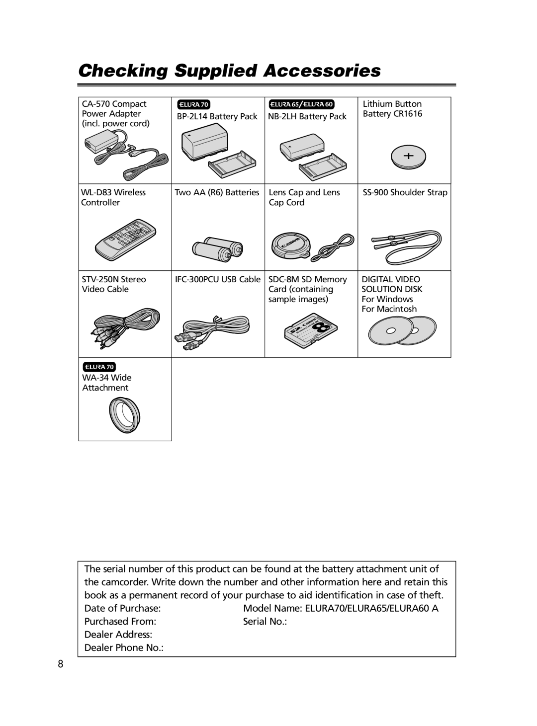 Canon ELURA70, ELURA65, ELURA60 instruction manual Checking Supplied Accessories 