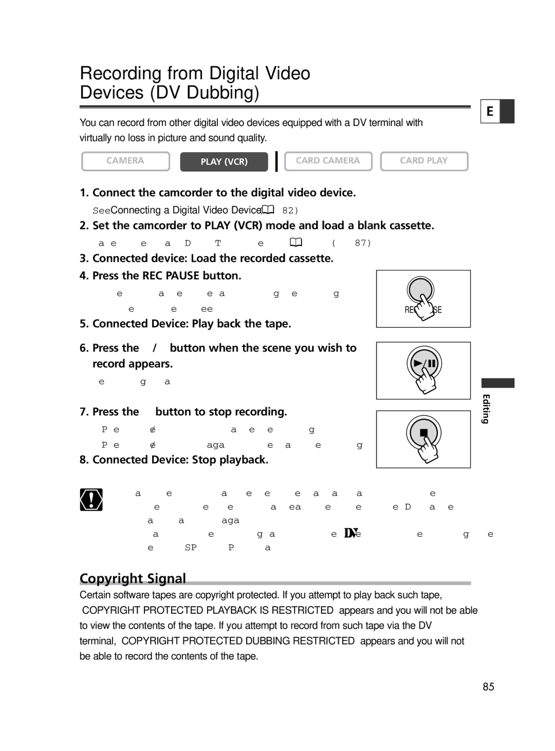 Canon ELURA60, ELURA65, ELURA70 instruction manual Recording from Digital Video Devices DV Dubbing, Copyright Signal 