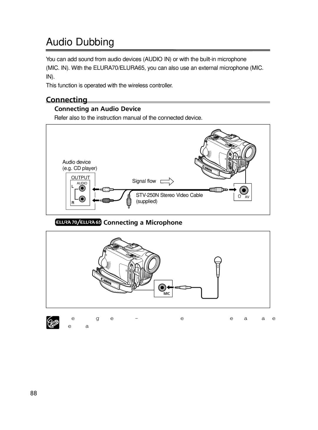 Canon ELURA60, ELURA65, ELURA70 instruction manual Audio Dubbing, Connecting an Audio Device, Connecting a Microphone 