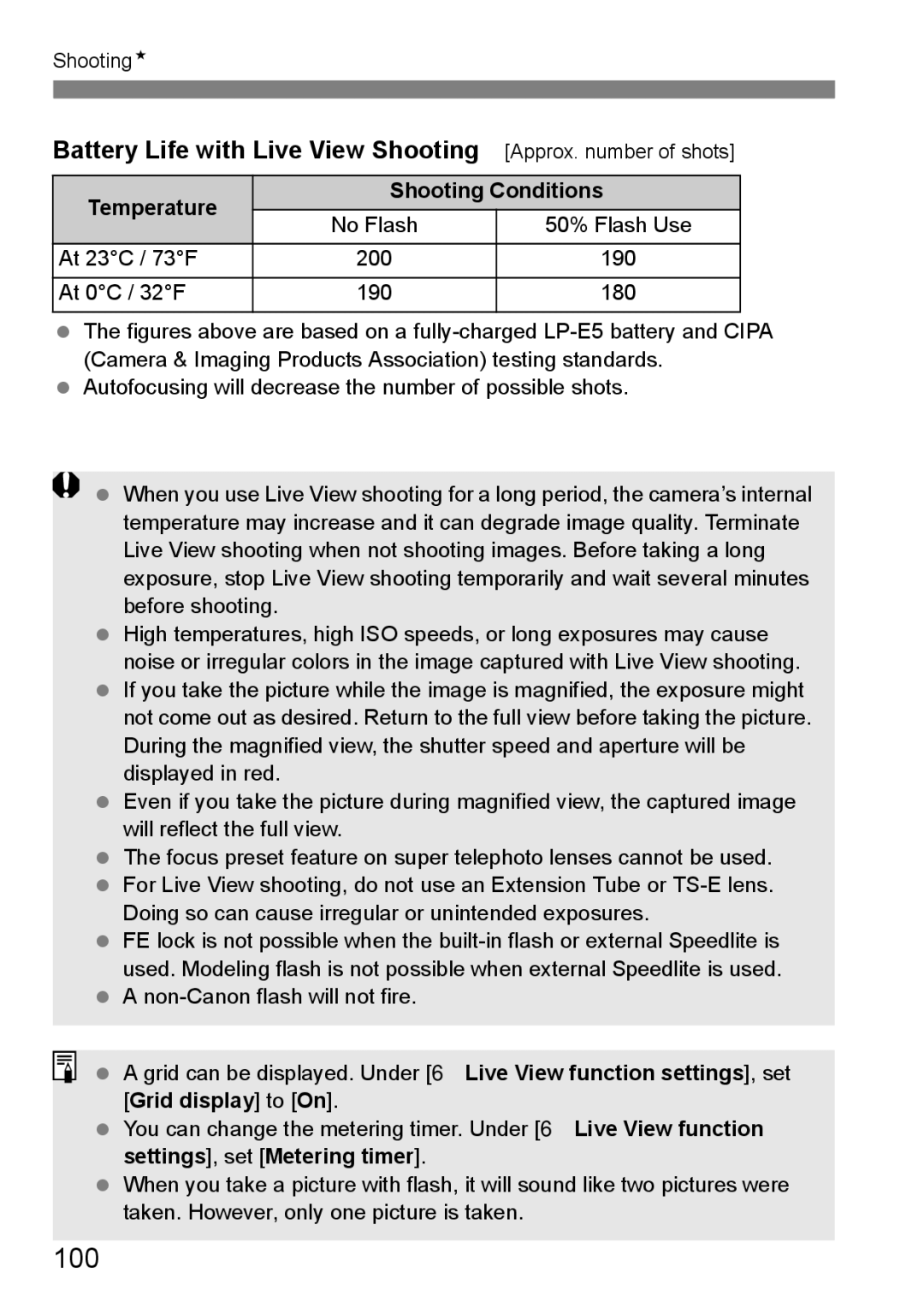 Canon EOS 1000D instruction manual Battery Life with Live View Shooting 