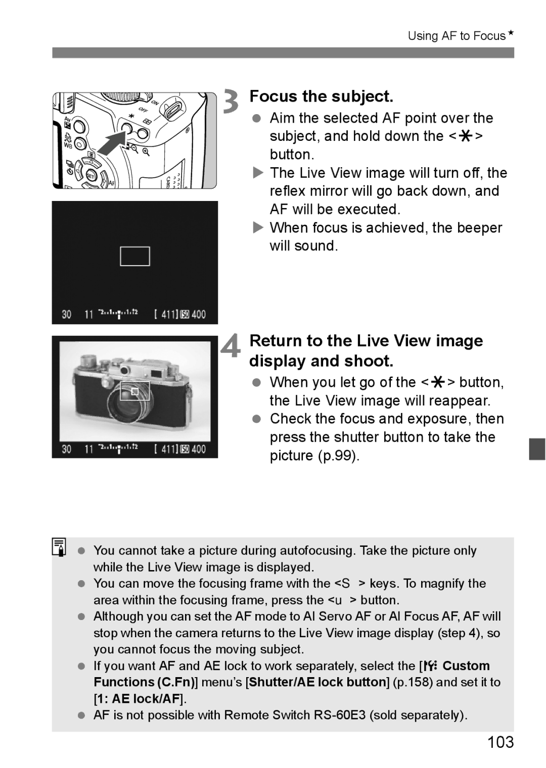 Canon EOS 1000D instruction manual Return to the Live View image display and shoot, 103 