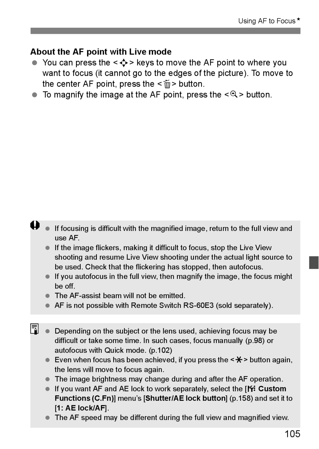 Canon EOS 1000D instruction manual 105, About the AF point with Live mode 