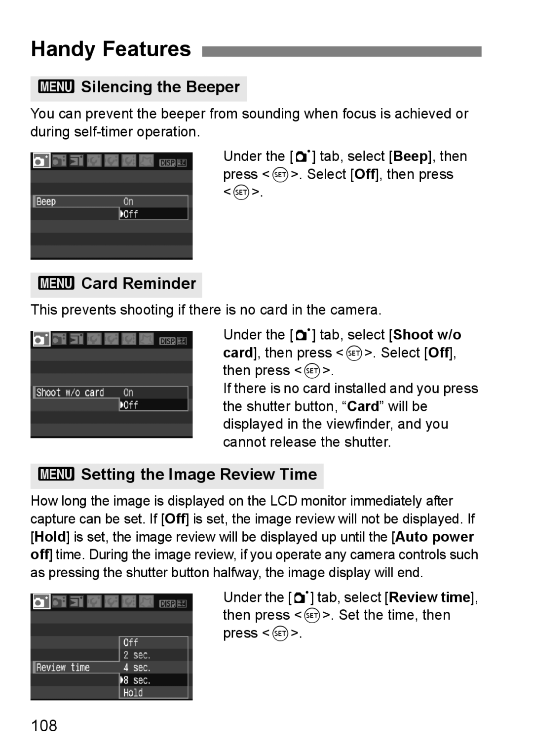 Canon EOS 1000D Handy Features, 3Silencing the Beeper, 3Card Reminder, 3Setting the Image Review Time, 108 