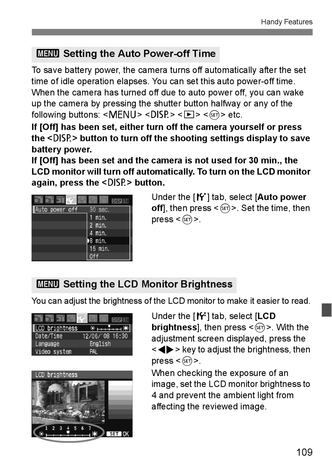 Canon EOS 1000D instruction manual Setting the Auto Power-off Time, 3Setting the LCD Monitor Brightness, 109 