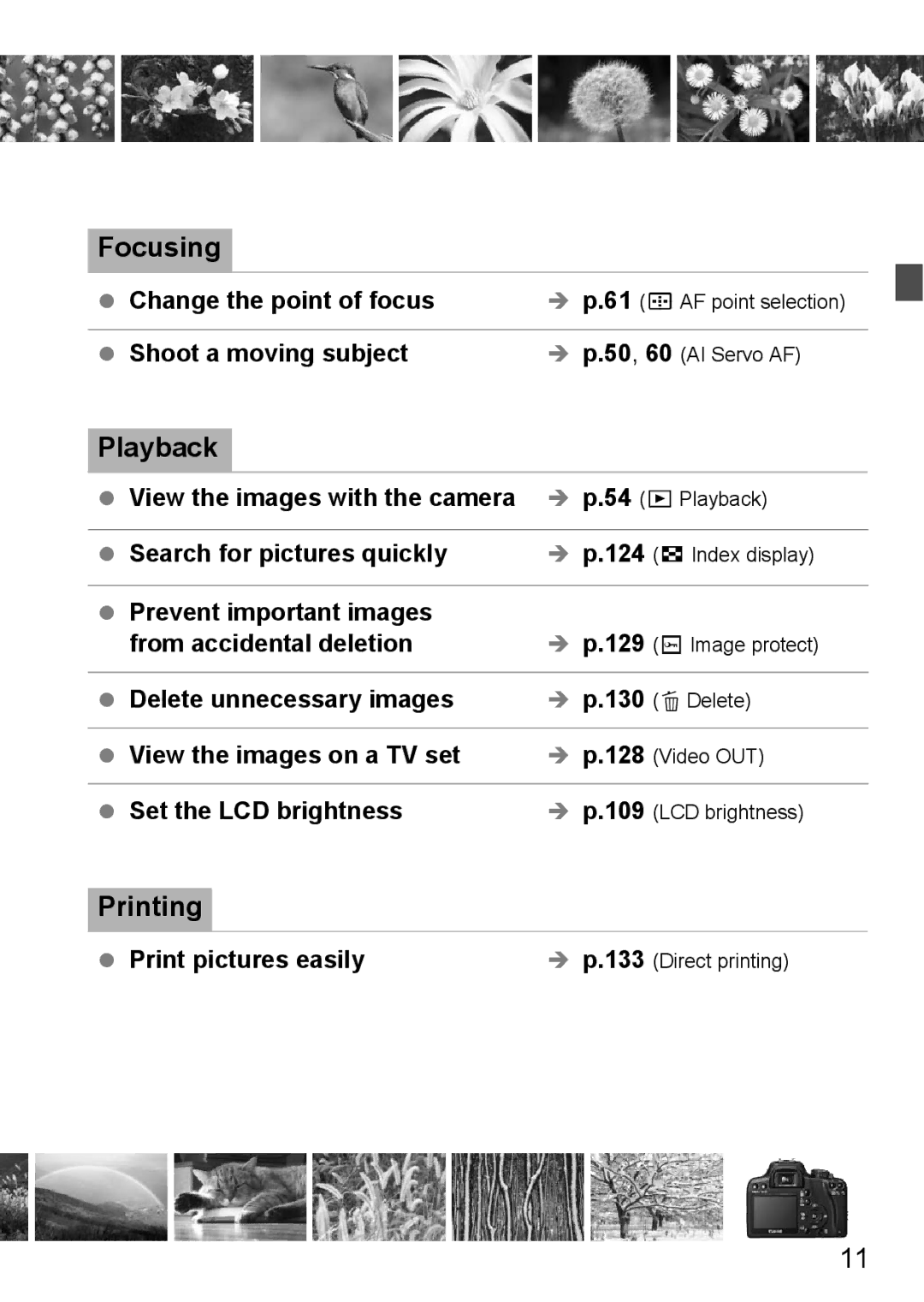 Canon EOS 1000D instruction manual Focusing, Playback, Printing 