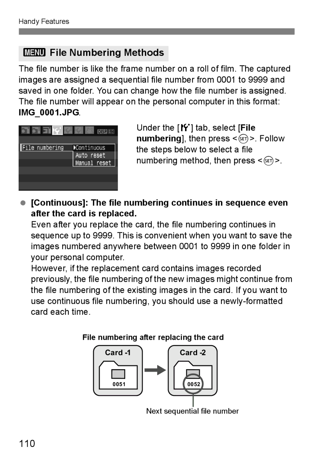 Canon EOS 1000D instruction manual 3File Numbering Methods, 110, File numbering after replacing the card Card -1Card 