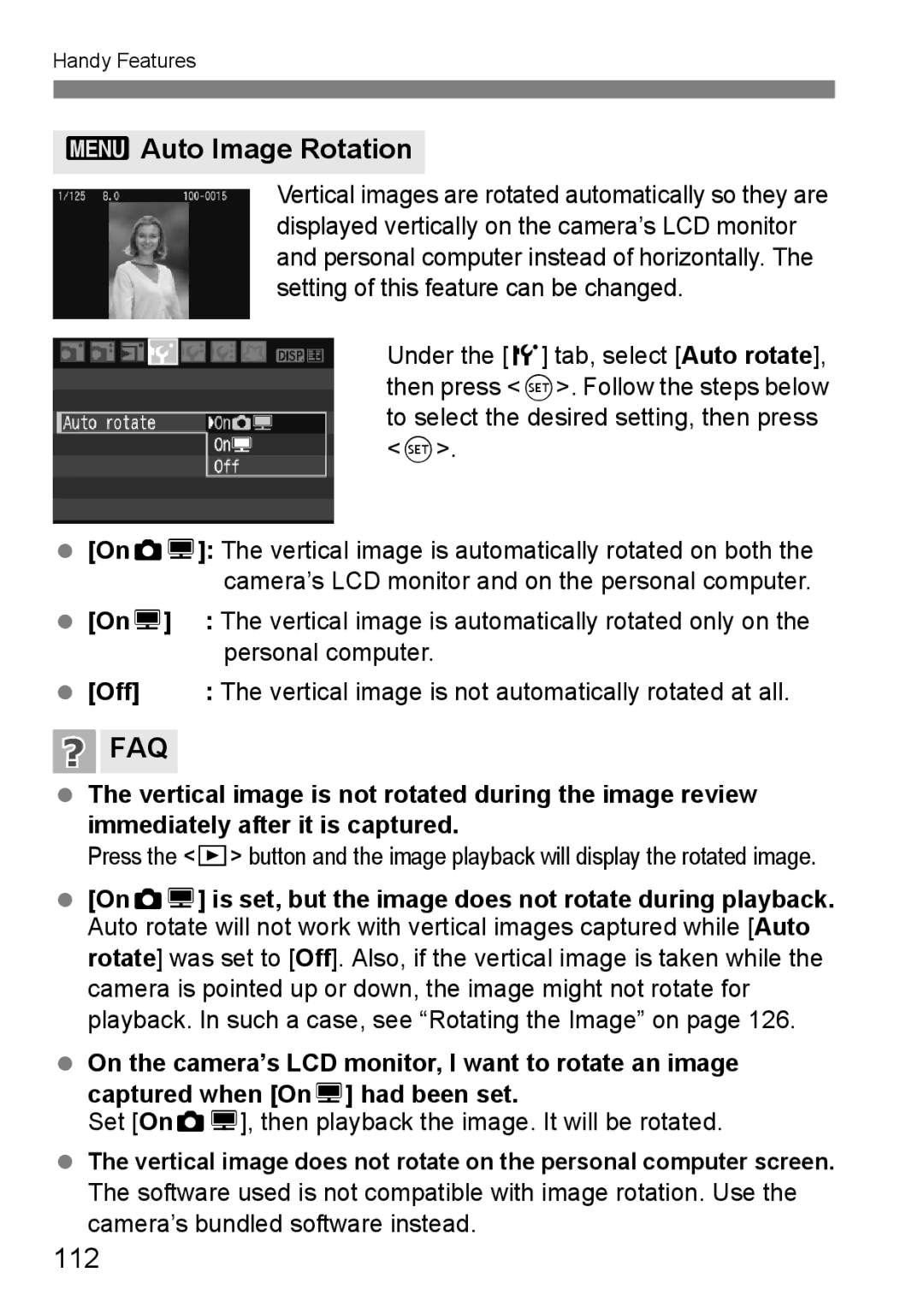 Canon EOS 1000D 3Auto Image Rotation, 112, OnD, Personal computer, Off Vertical image is not automatically rotated at all 