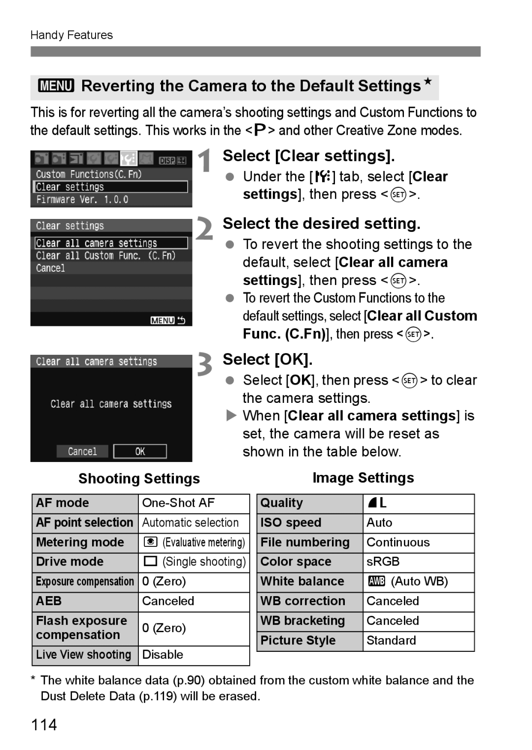 Canon EOS 1000D 3Reverting the Camera to the Default SettingsN, Select Clear settings, Select the desired setting, 114 