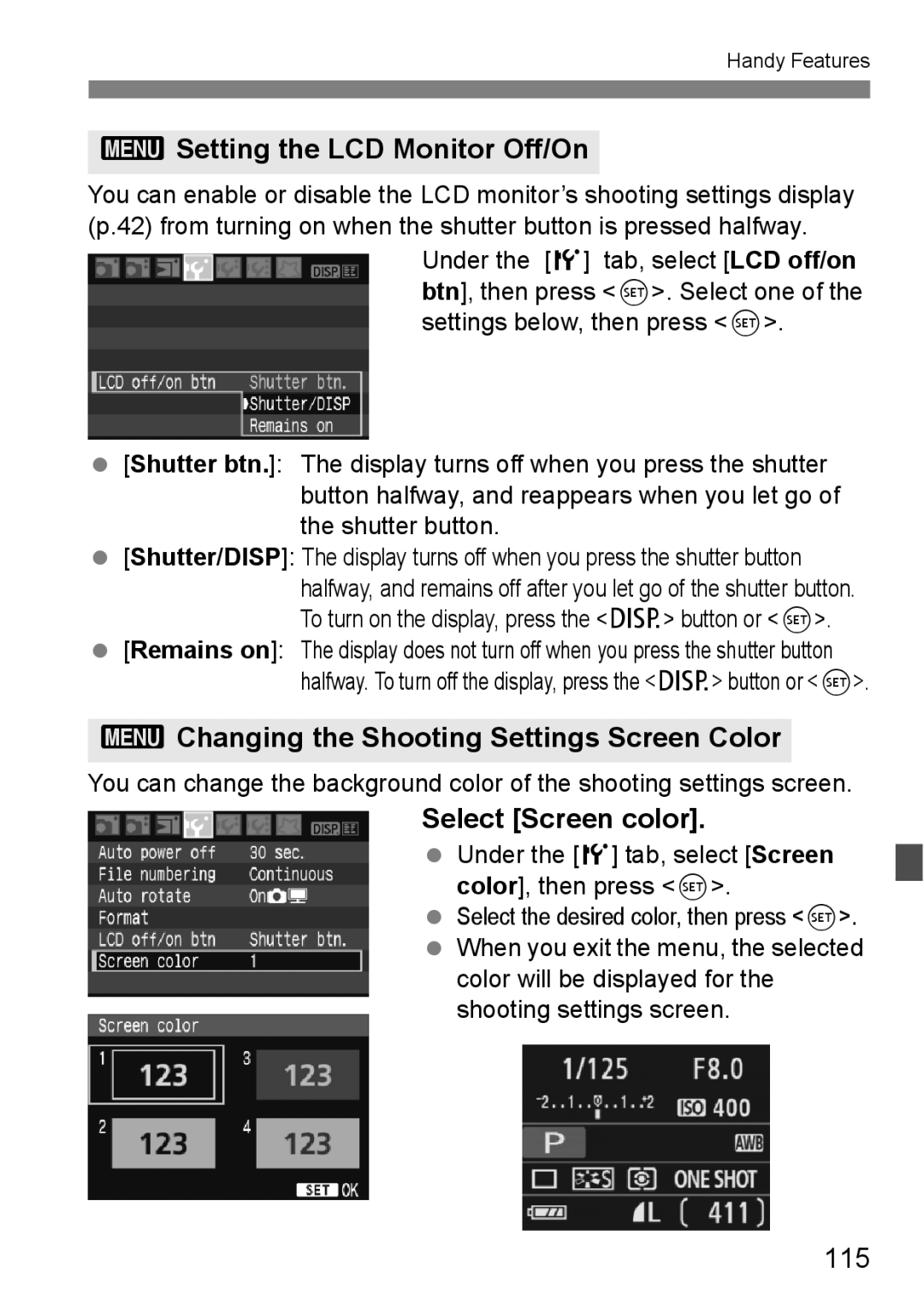 Canon EOS 1000D 3Setting the LCD Monitor Off/On, 3Changing the Shooting Settings Screen Color, Select Screen color, 115 