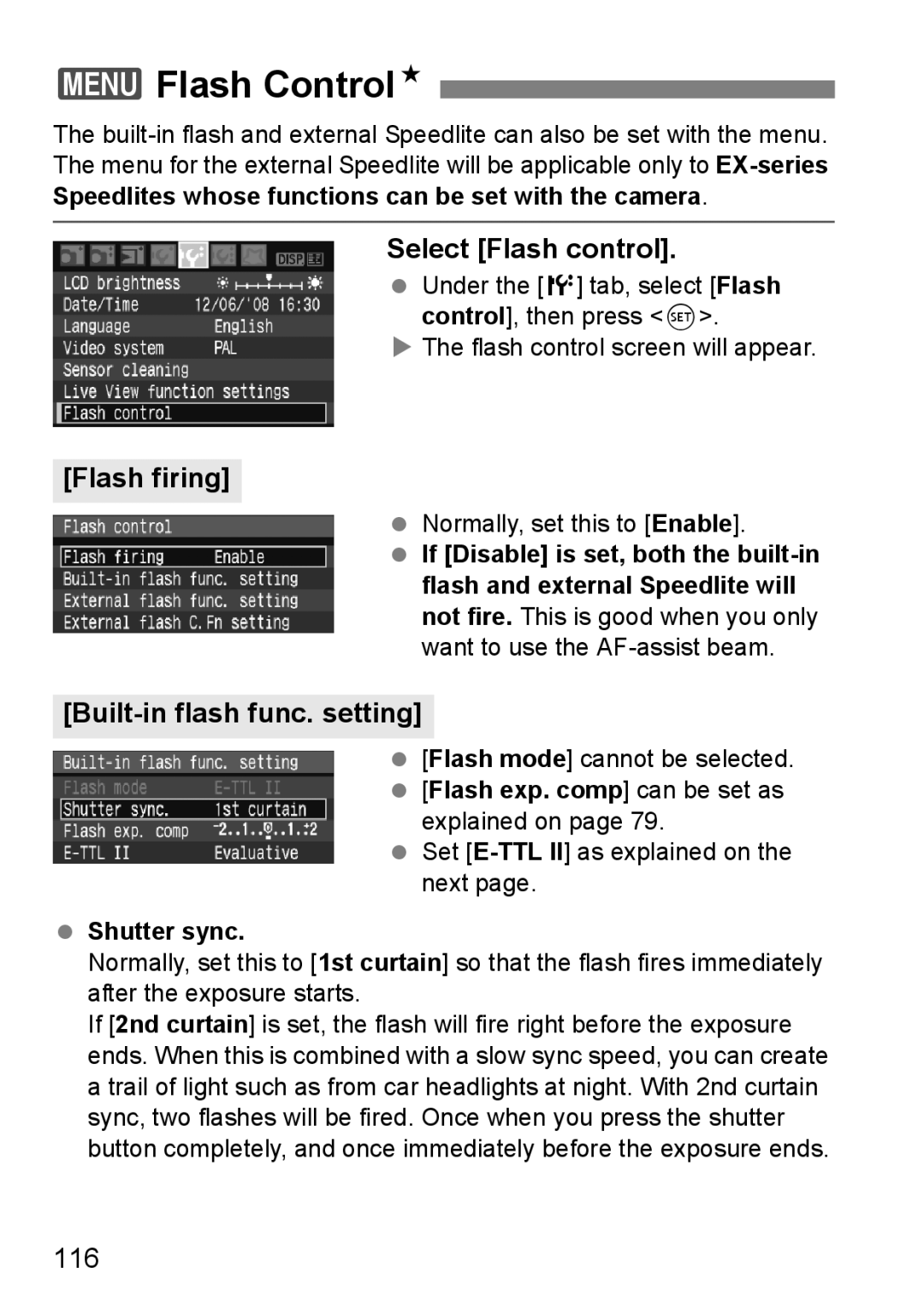 Canon EOS 1000D instruction manual 3Flash ControlN, Select Flash control, Flash firing, Built-in flash func. setting, 116 