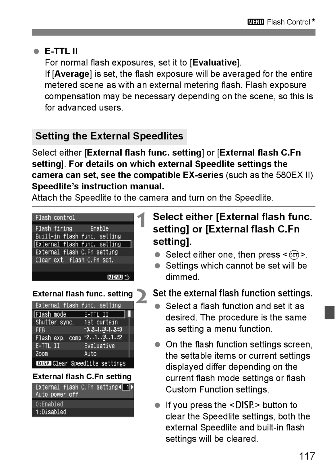 Canon EOS 1000D Setting the External Speedlites, 117, External flash func. setting External flash C.Fn setting 