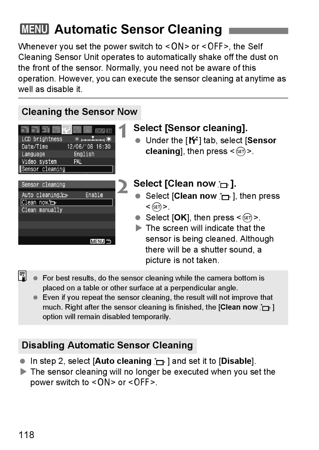 Canon EOS 1000D instruction manual 3Automatic Sensor Cleaning, Cleaning the Sensor Now, Select Clean nowf, 118 