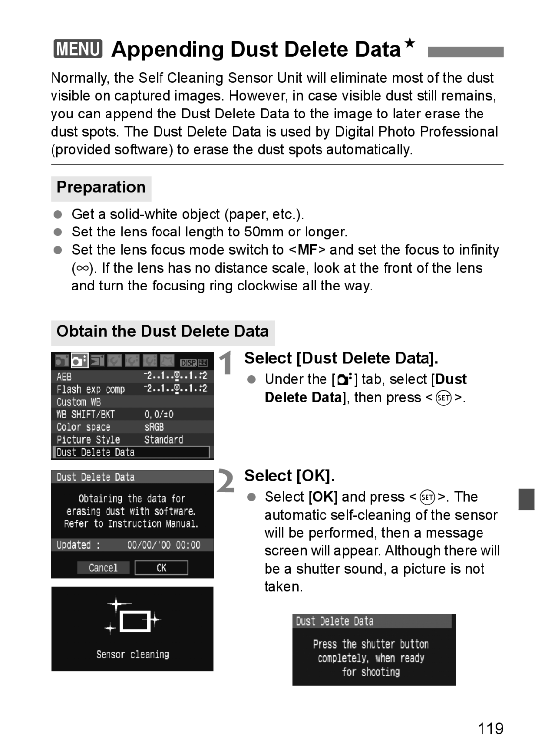 Canon EOS 1000D 3Appending Dust Delete DataN, Preparation, Obtain the Dust Delete Data Select Dust Delete Data, 119 