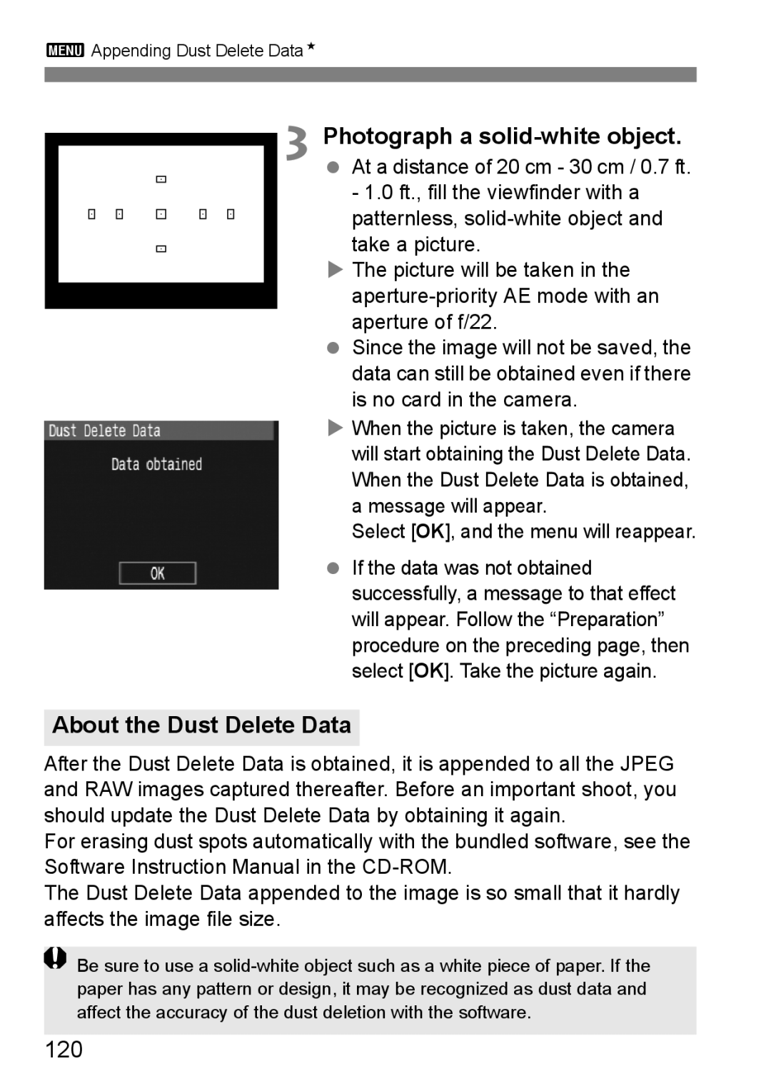 Canon EOS 1000D instruction manual About the Dust Delete Data, 120, Select OK, and the menu will reappear 