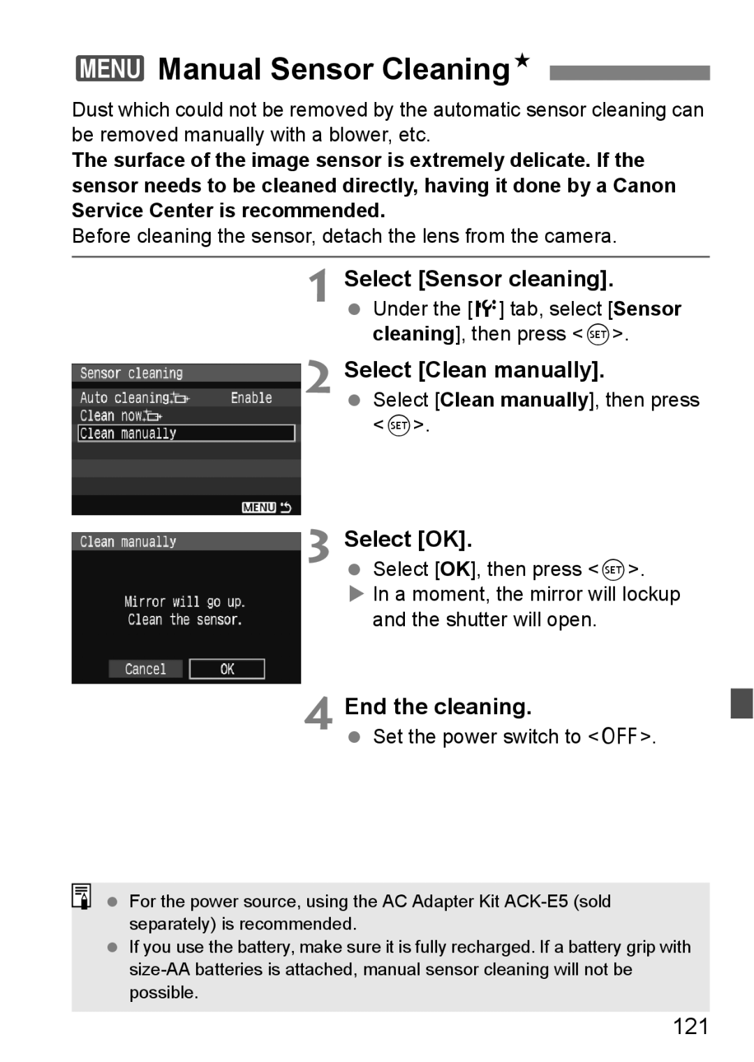 Canon EOS 1000D 3Manual Sensor CleaningN, Select Sensor cleaning, Select Clean manually, End the cleaning, 121 