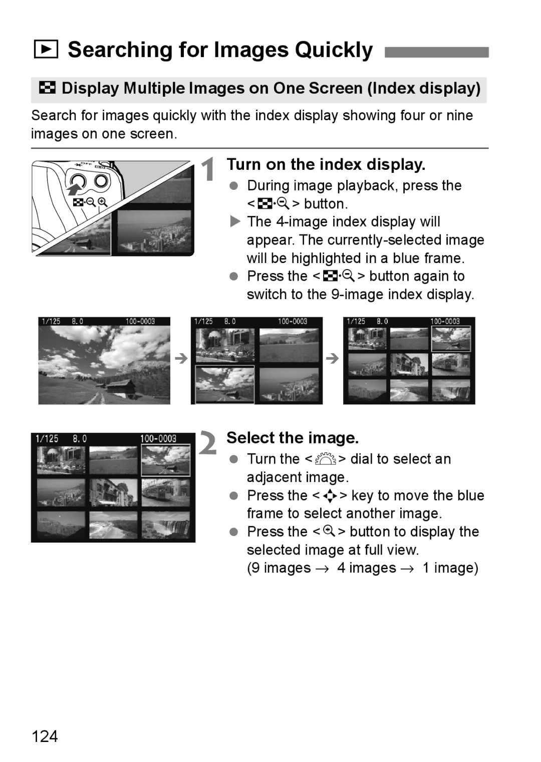 Canon EOS 1000D instruction manual XSearching for Images Quickly, HDisplay Multiple Images on One Screen Index display, 124 