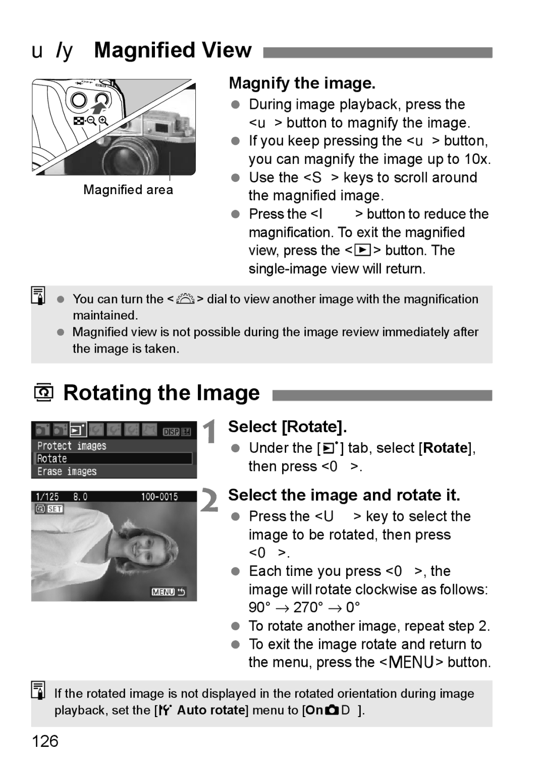 Canon EOS 1000D instruction manual YMagnified View, BRotating the Image, Select Rotate, Select the image and rotate it, 126 