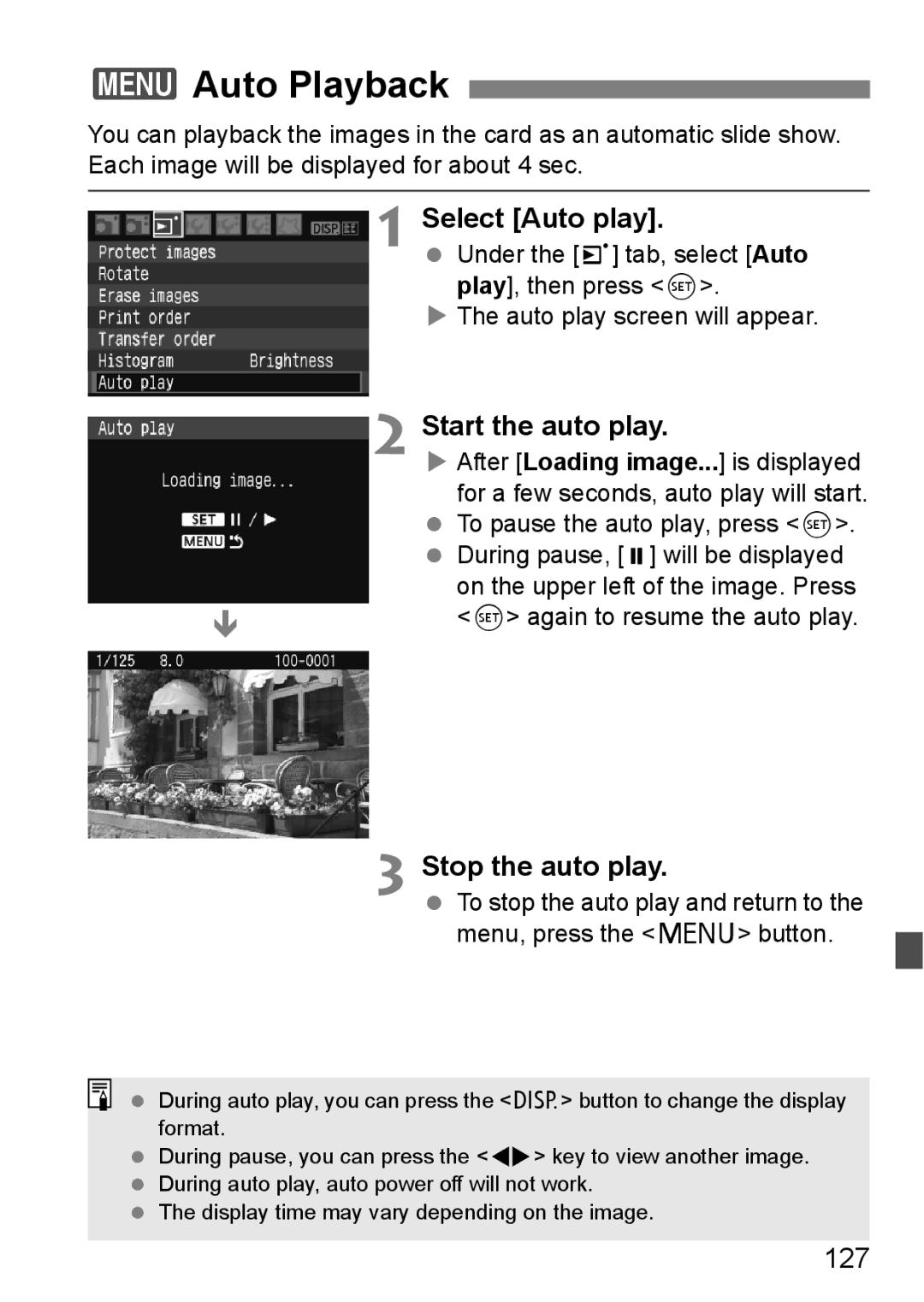 Canon EOS 1000D instruction manual 3Auto Playback, Select Auto play, Start the auto play, Stop the auto play, 127 