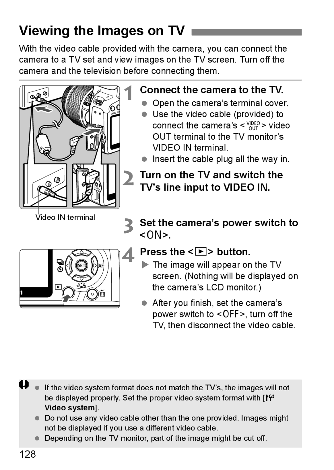 Canon EOS 1000D instruction manual Viewing the Images on TV, 128 