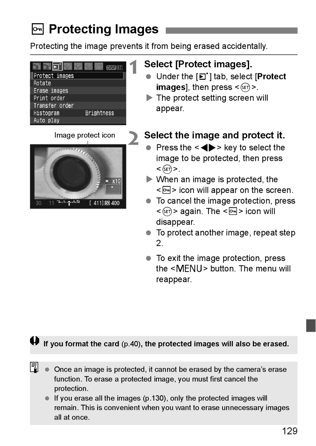 Canon EOS 1000D instruction manual KProtecting Images, Select Protect images, Select the image and protect it, 129 