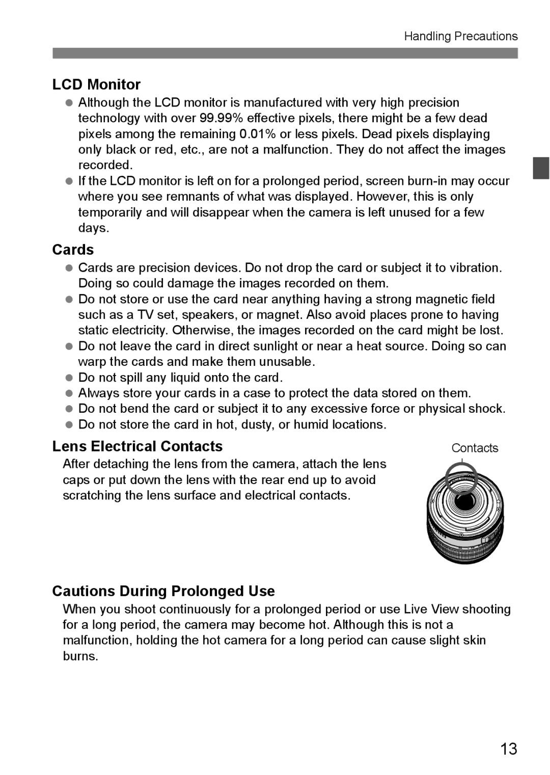 Canon EOS 1000D instruction manual LCD Monitor, Cards, Lens Electrical Contacts 