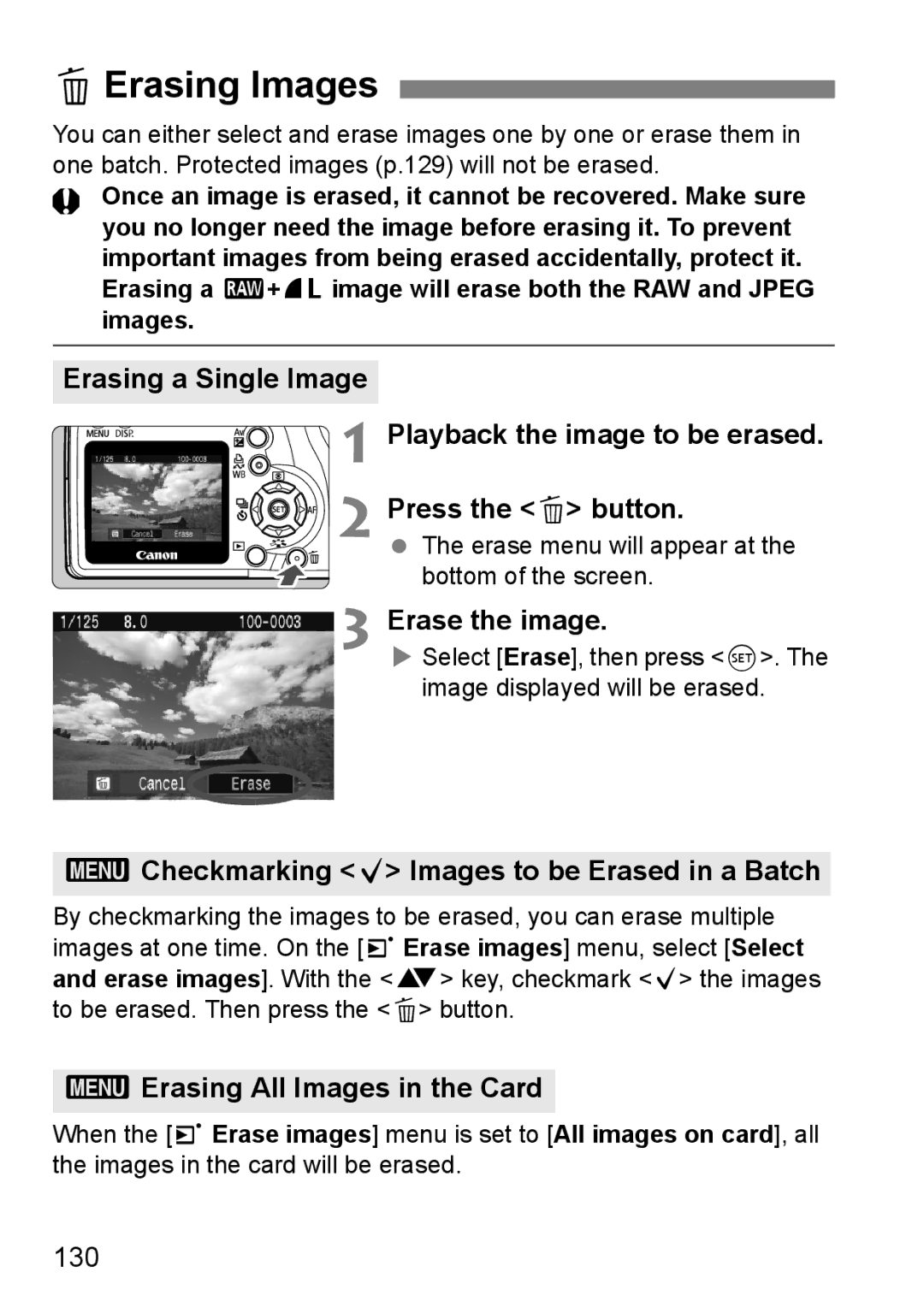 Canon EOS 1000D instruction manual LErasing Images, Erase the image, 3Checkmarking X Images to be Erased in a Batch, 130 