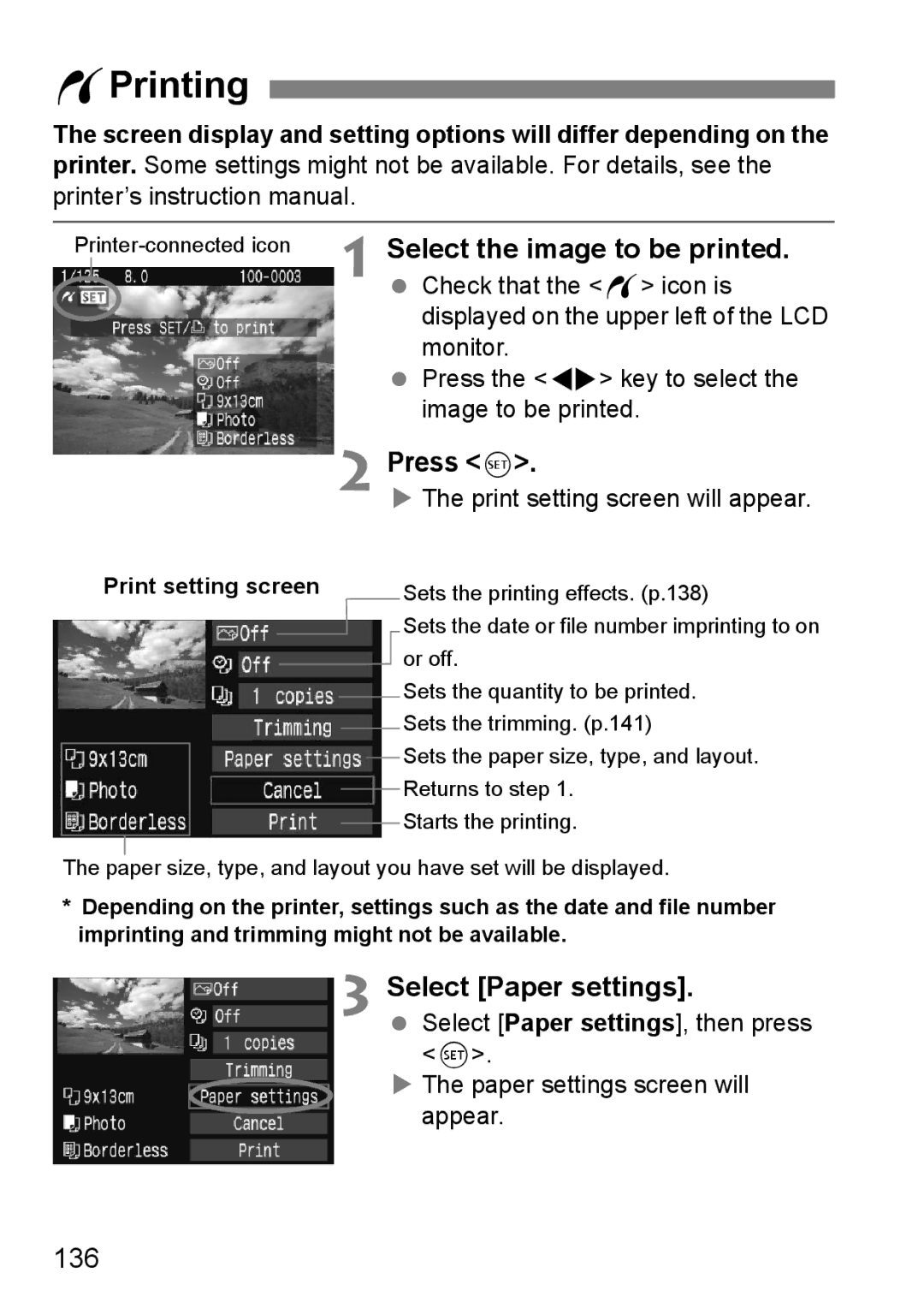 Canon EOS 1000D instruction manual WPrinting, Select the image to be printed, Select Paper settings, 136 