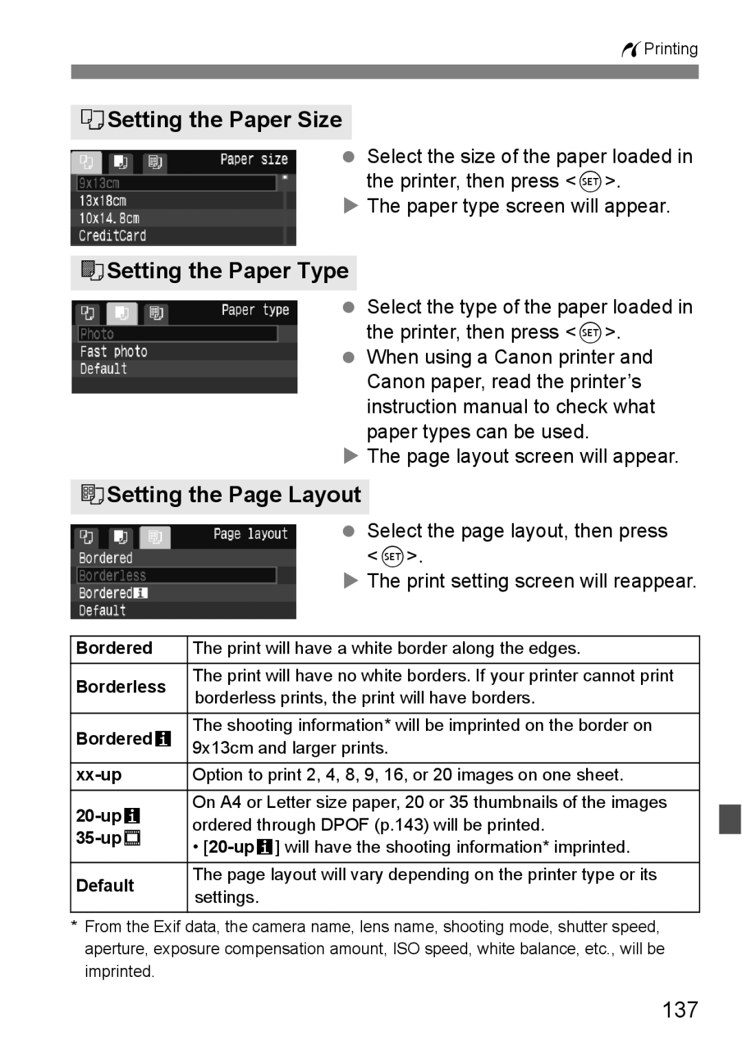 Canon EOS 1000D instruction manual QSetting the Paper Size, YSetting the Paper Type, USetting the Page Layout, 137 