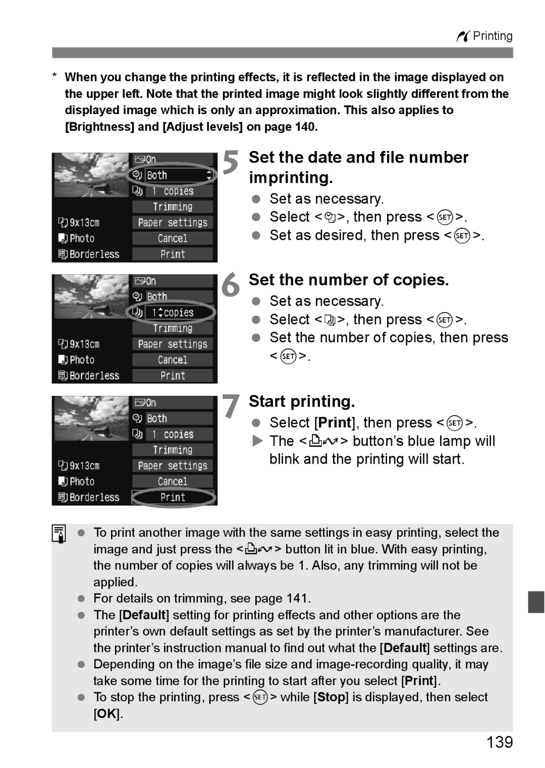 Canon EOS 1000D instruction manual Set the date and file number imprinting, Start printing, 139 