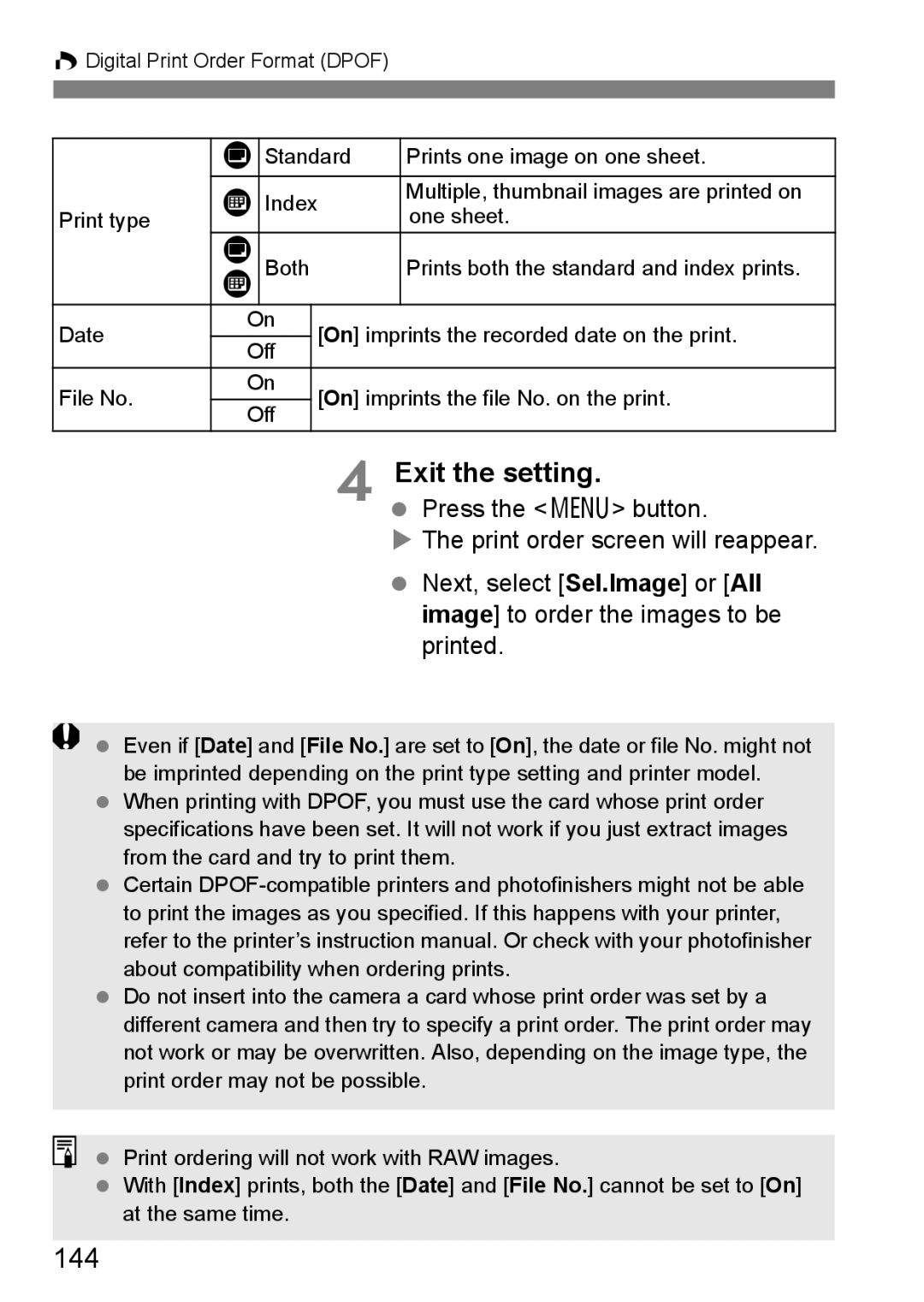 Canon EOS 1000D instruction manual Exit the setting, 144, Press the 7 button 