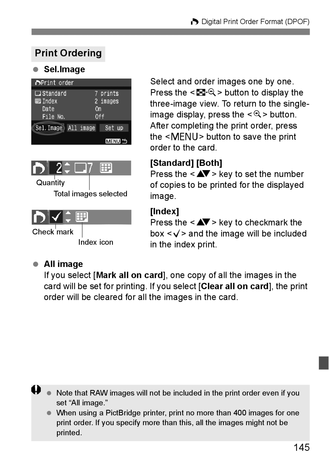 Canon EOS 1000D instruction manual Print Ordering, 145 